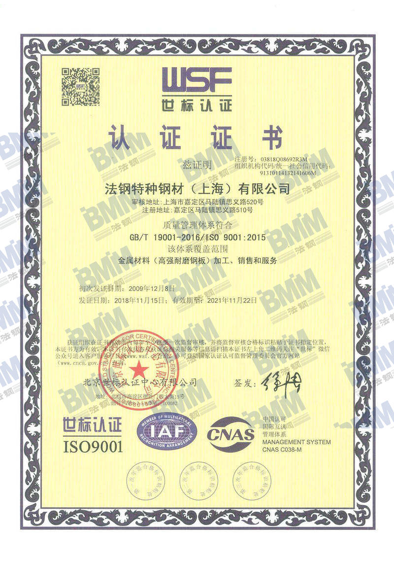 法钢公司年度审核ISO9001管理体系证书